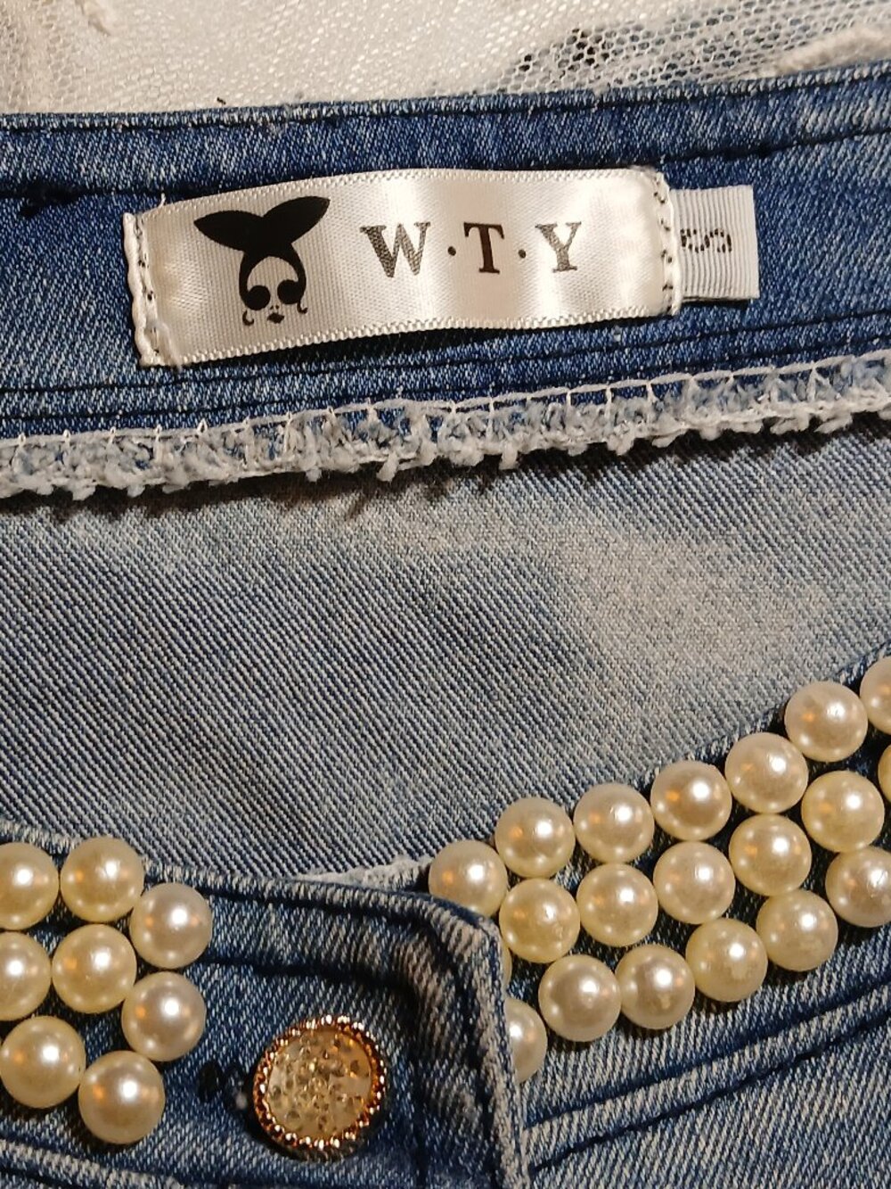 WTY Blue Jean Jacket with Faux Pearls and Lace/Crochet Cuffs & Hem - EUC - Picture 5 of 12